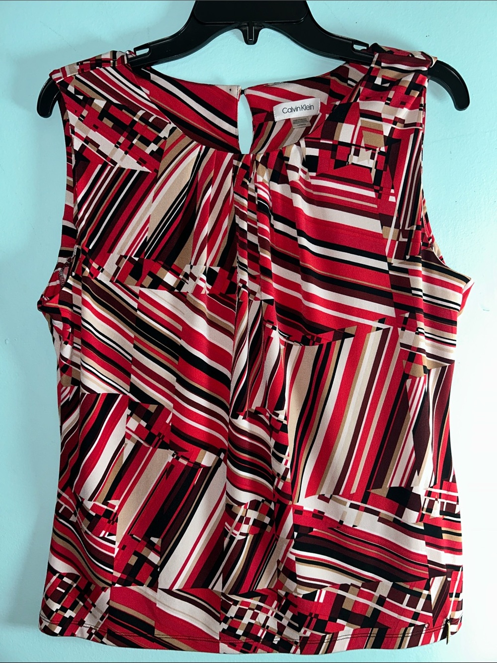 Calvin Klein Red, Black & Cream Geometric Stripe Sleeveless Top